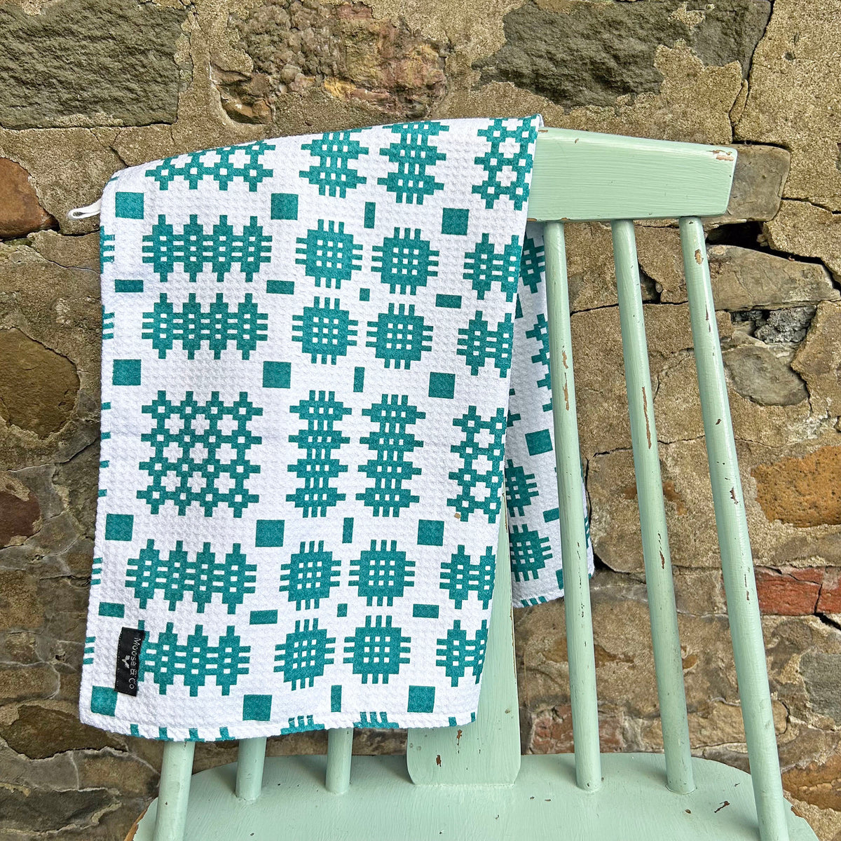 Tea Towel - Welsh Tapestry Print - White & Teal