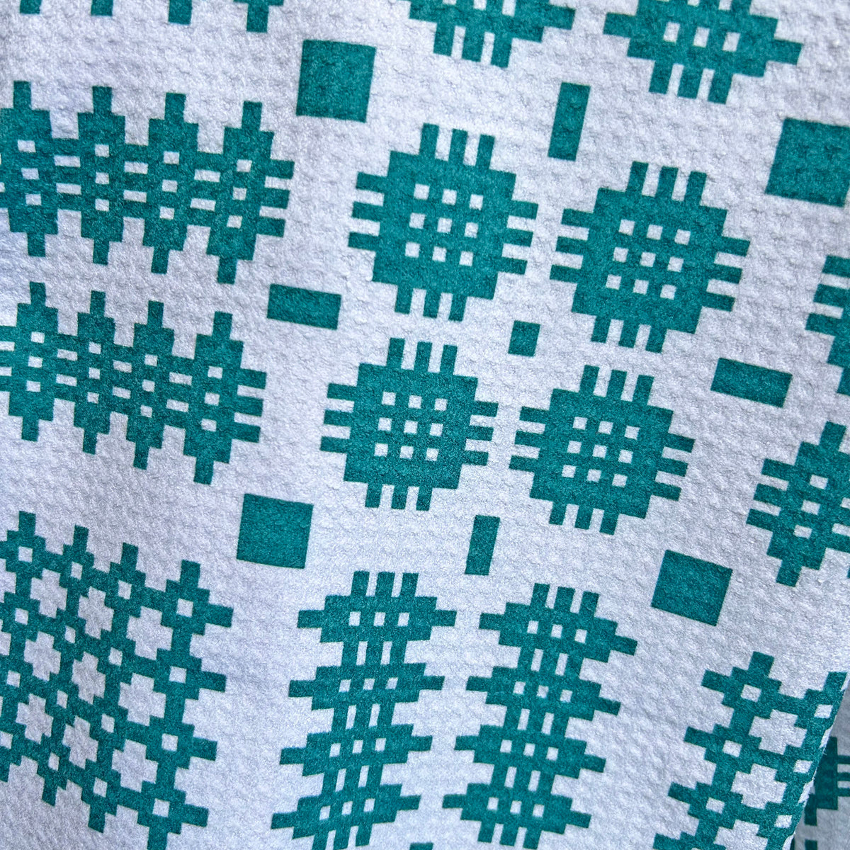 Tea Towel - Welsh Tapestry Print - White & Teal