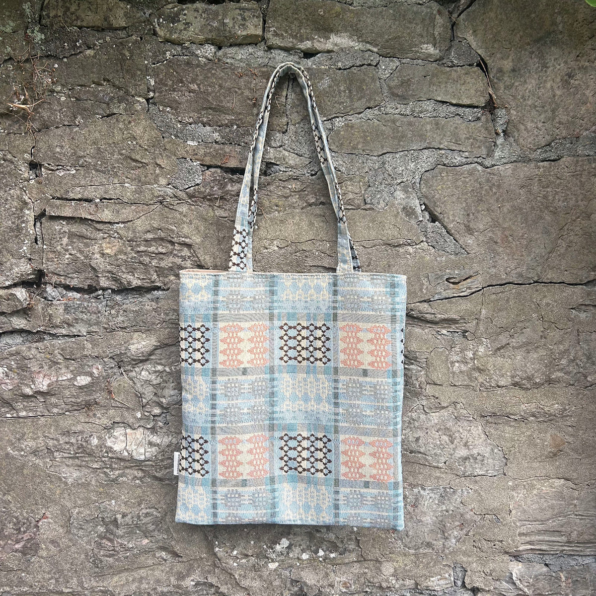 Tote Bag - Welsh Tapestry / Blanket Design - Pale Blue & Peach