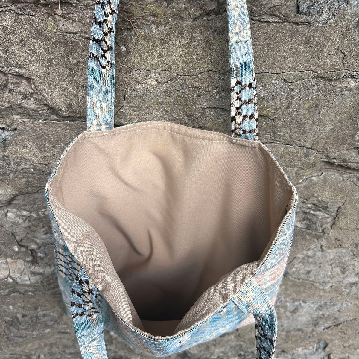 Tote Bag - Welsh Tapestry / Blanket Design - Pale Blue & Peach