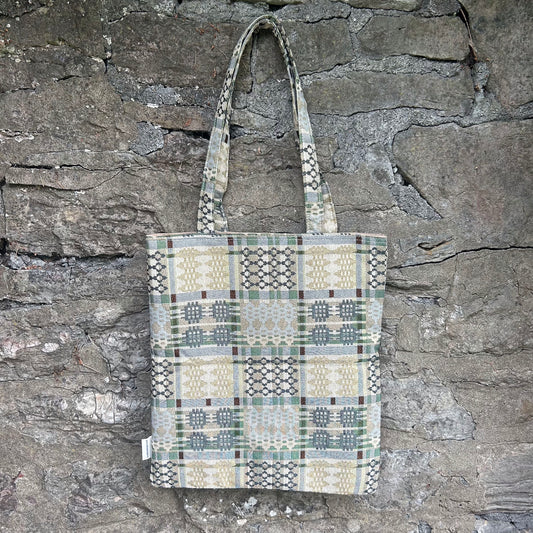 Tote Bag - Welsh Tapestry / Blanket Design - Sage Green & Ice Blue