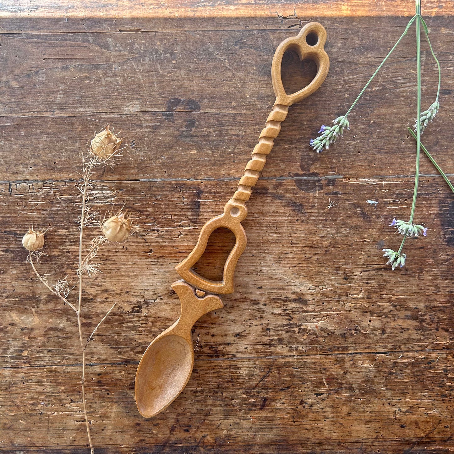 Vintage Lovespoon / Love Spoon - Hand Carved - Heart & Bell - Large (Preloved)