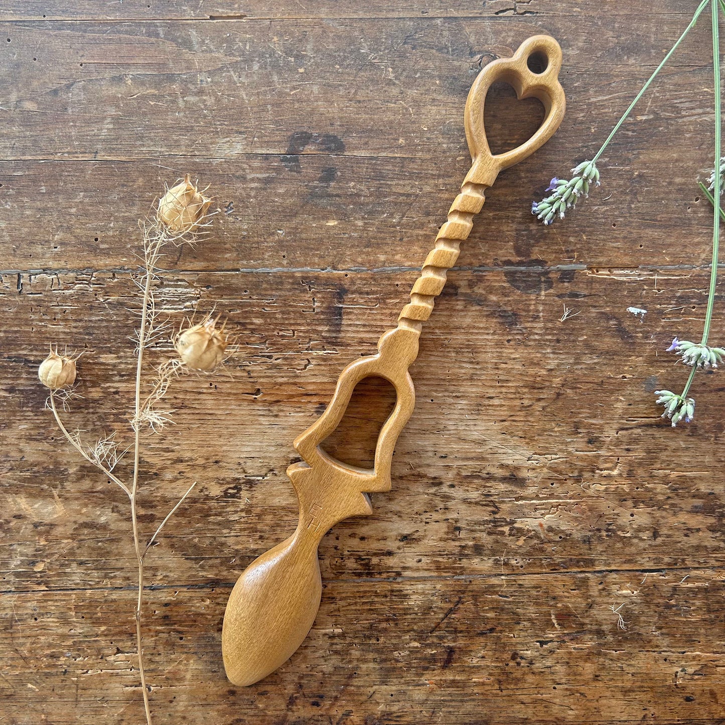 Vintage Lovespoon / Love Spoon - Hand Carved - Heart & Bell - Large (Preloved)