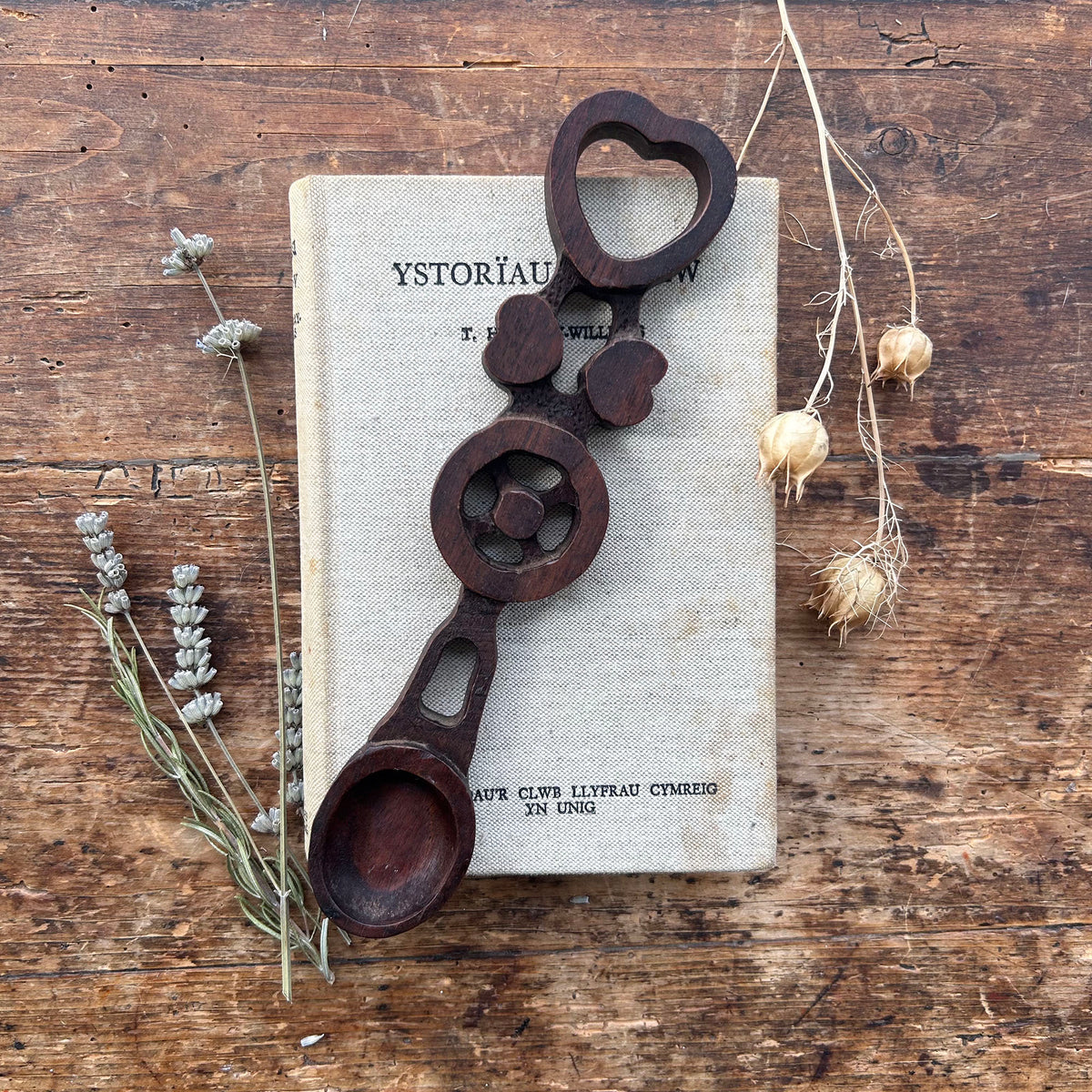 Vintage Lovespoon / Love Spoon - Hand Carved - Hearts, Wheel (Preloved)