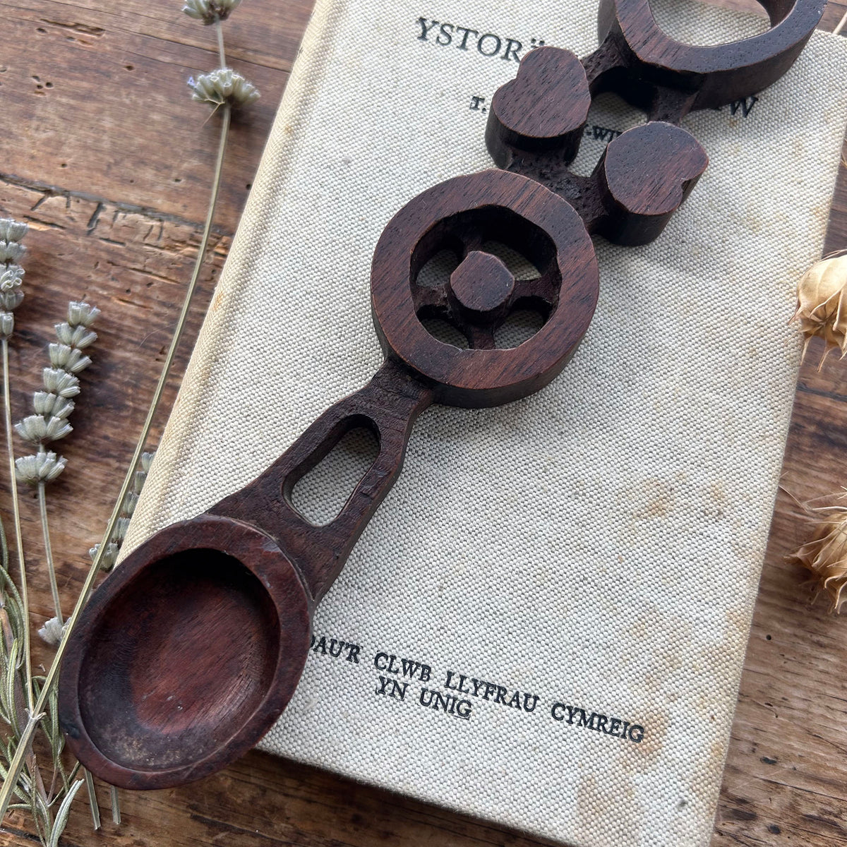 Vintage Lovespoon / Love Spoon - Hand Carved - Hearts, Wheel (Preloved)