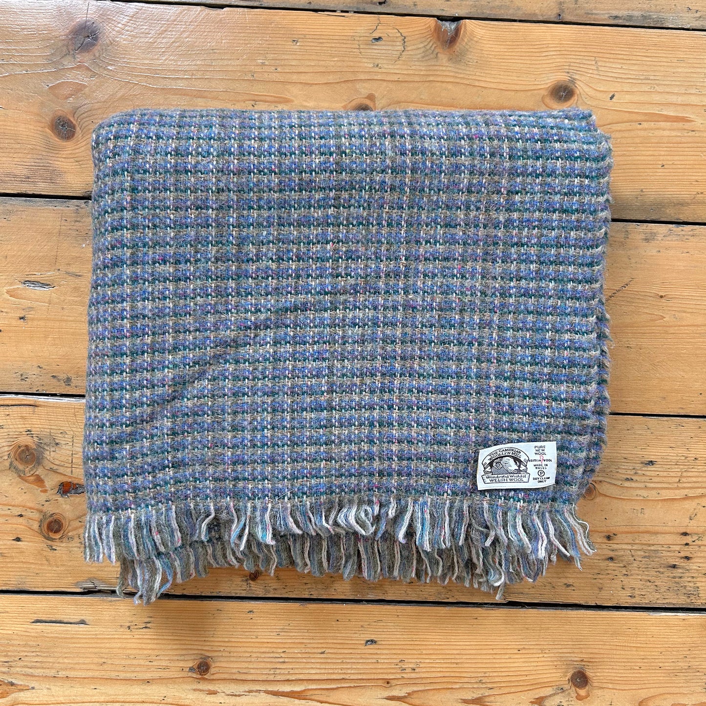 Vintage Welsh Throw / Blanket - 100% Wool - Blues (Preloved)