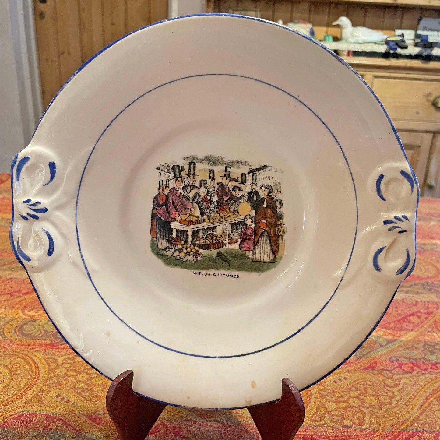 Cake / Bread Plate - Welsh Costumes Market - Antique Victorian Souvenir