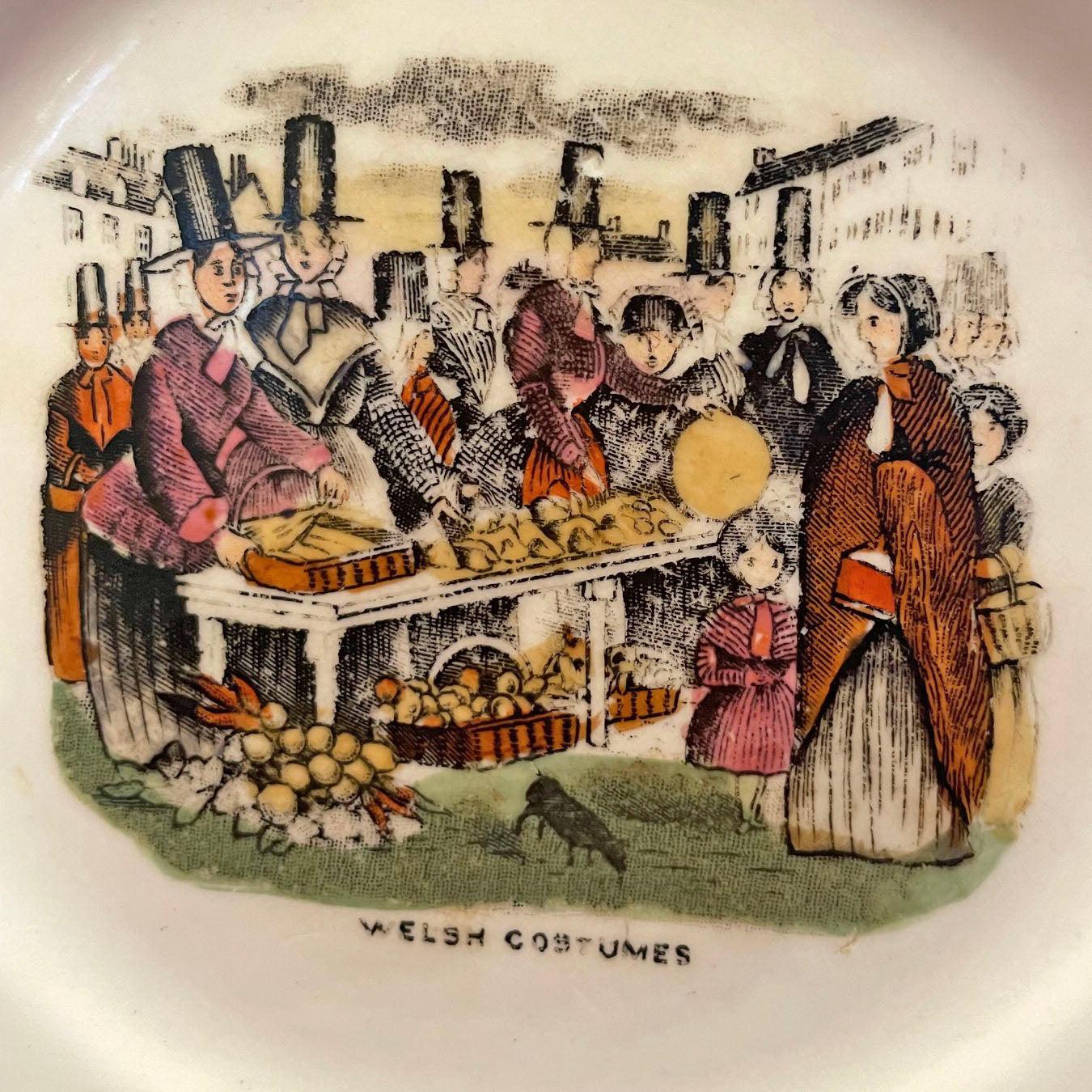 Cake / Bread Plate - Welsh Costumes Market - Antique Victorian Souvenir