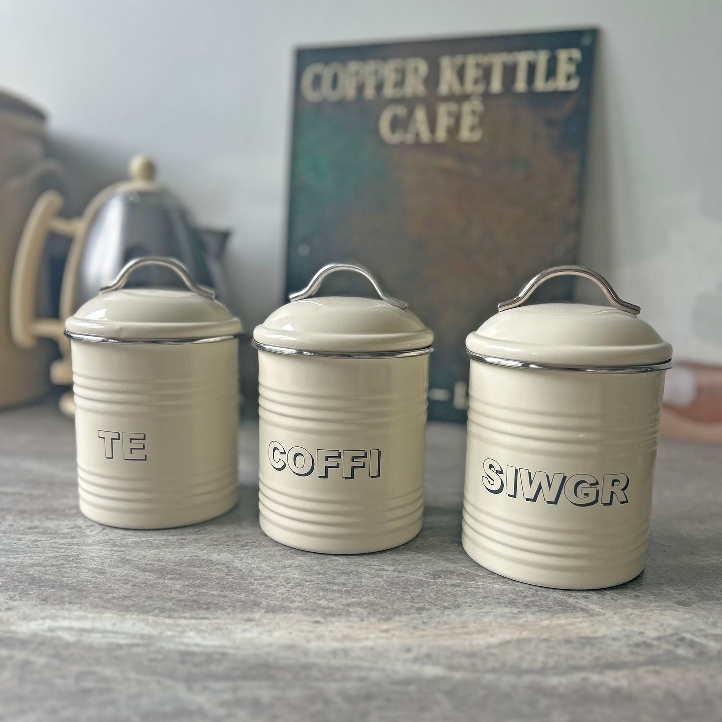Kitchen Container Set - Coffi / Te / Siwgr Tins (Preloved)