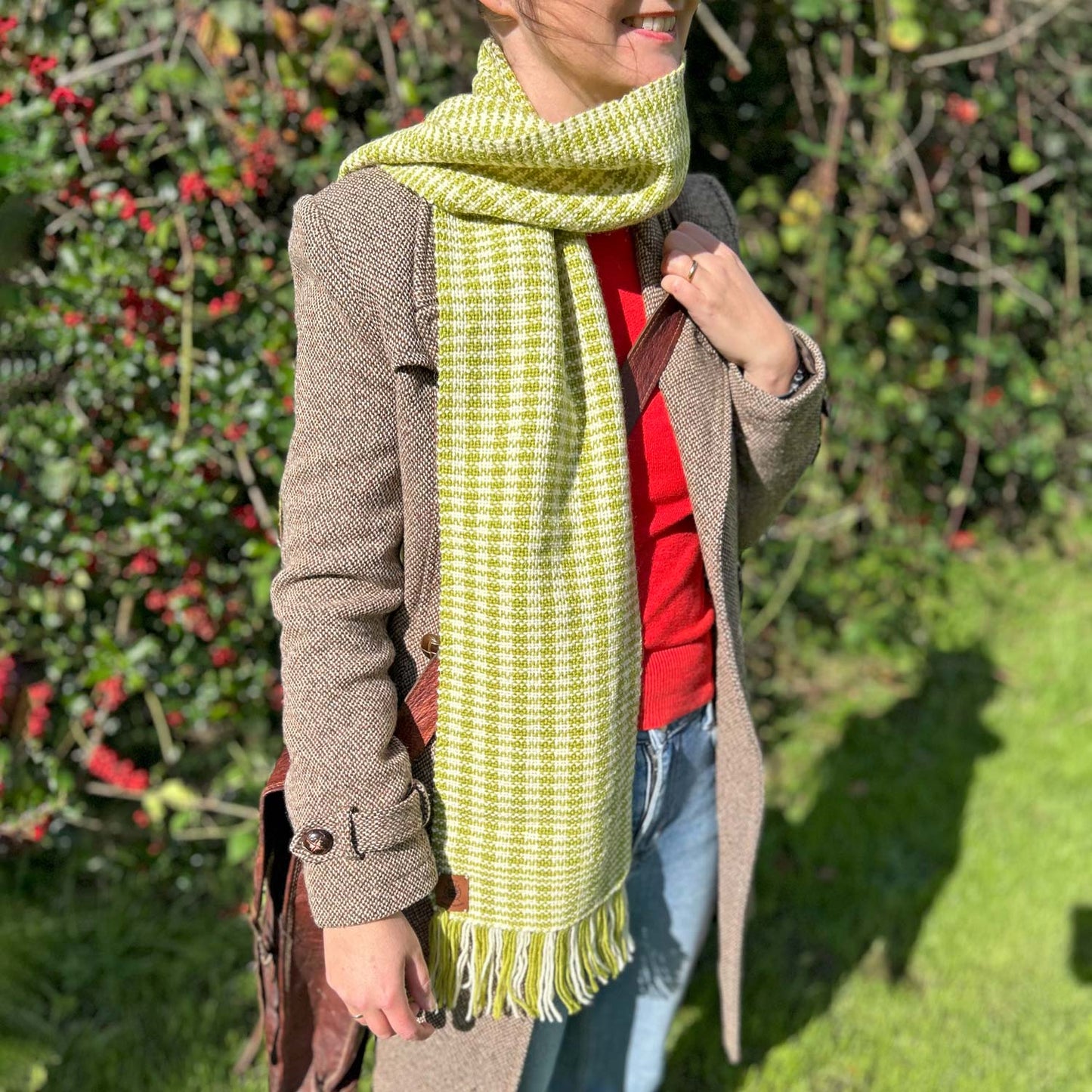 Scarf - 100% Wool - Handwoven - Welsh Checked - Green & Cream