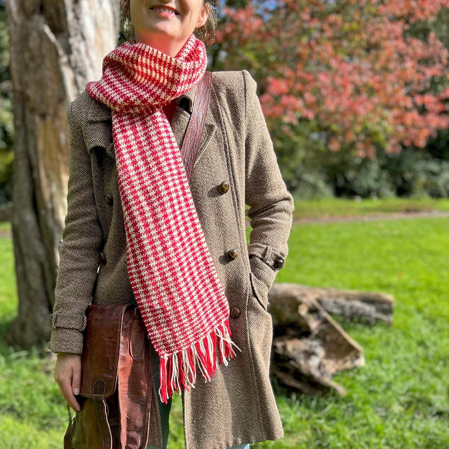 Scarf - 100% Wool - Handwoven - Welsh Checked - Red & Cream
