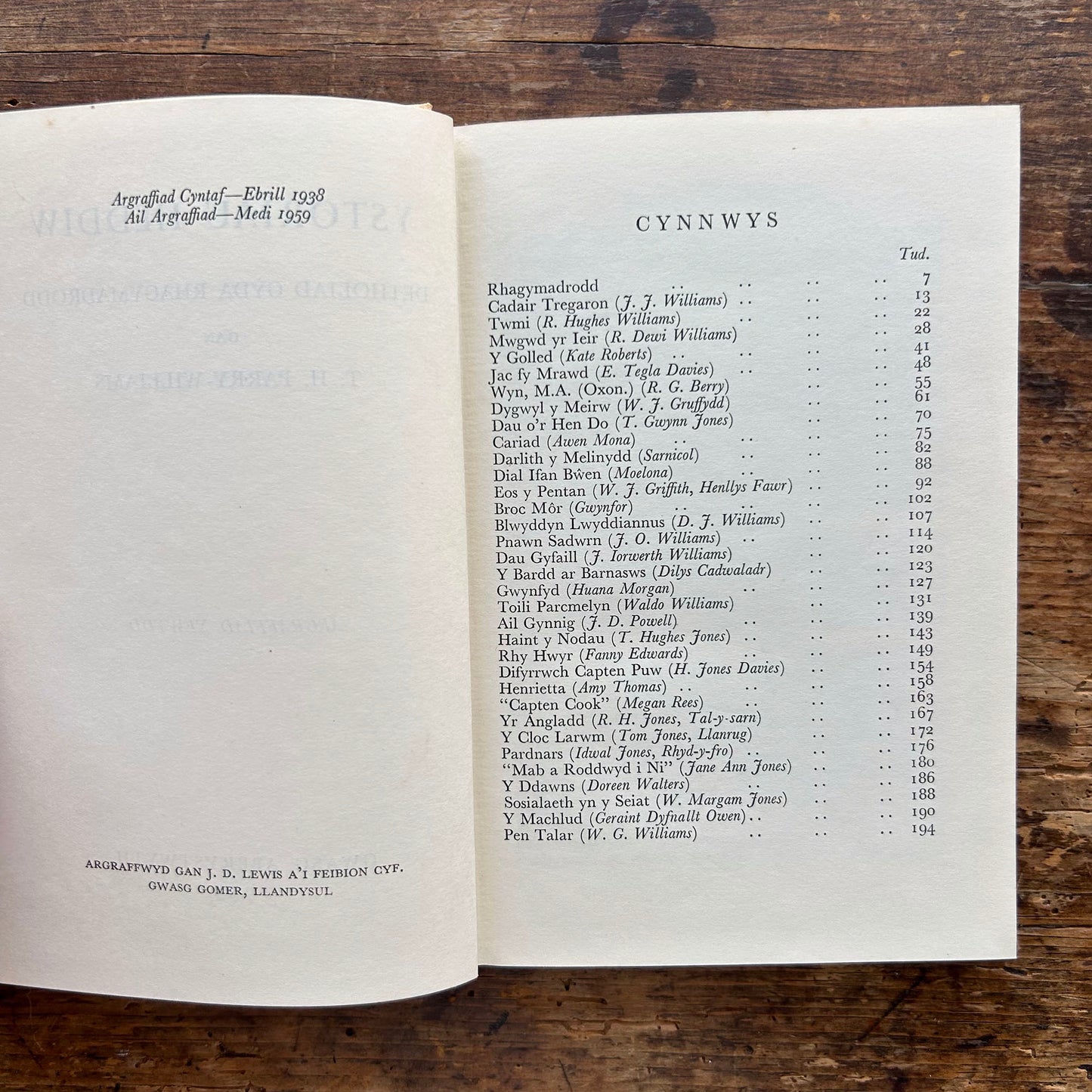 Ystoriau Heddiw - TH Parry Williams - 1938 (Preloved)