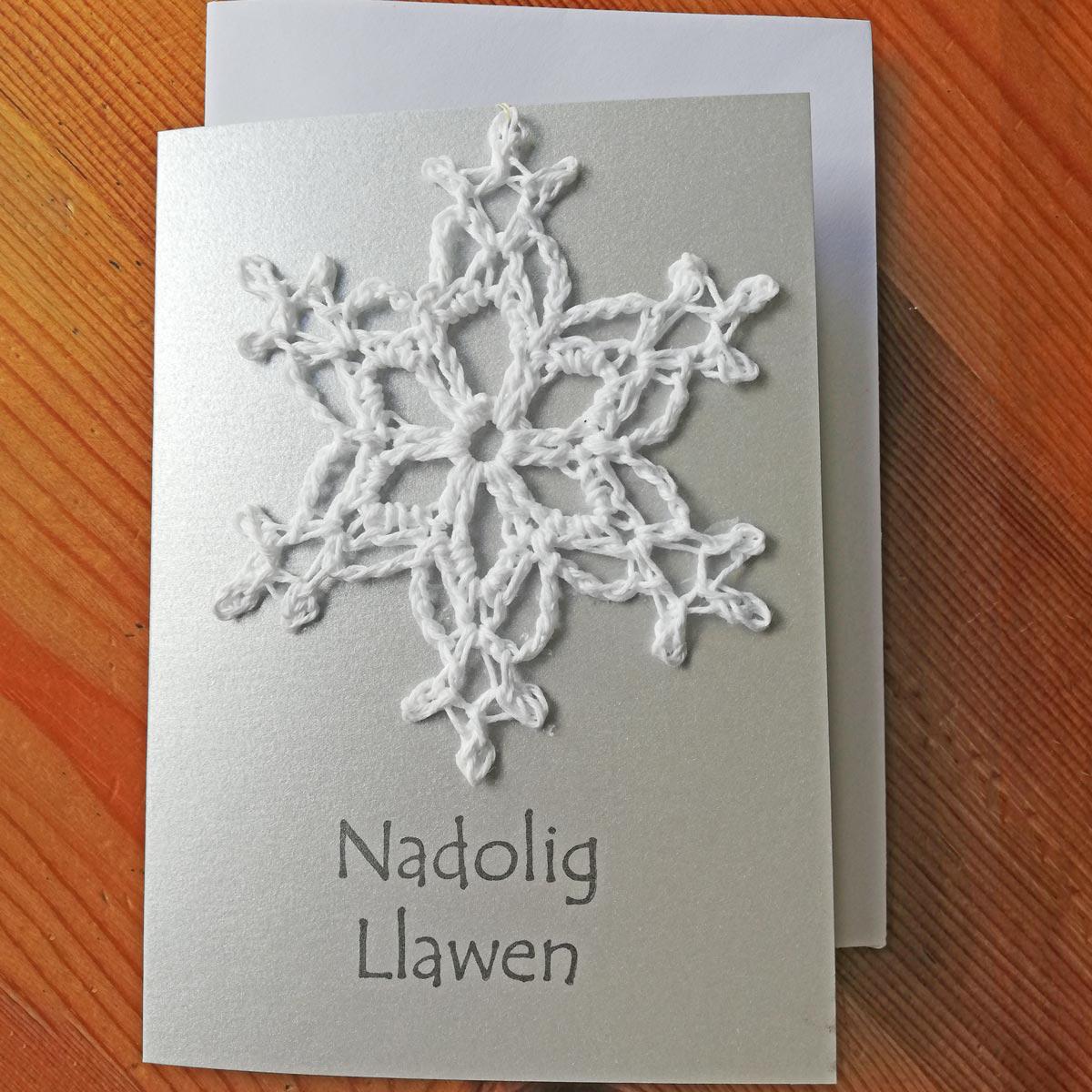 Christmas Decoration Card - Crochet Snowflake - Nadolig Llawen