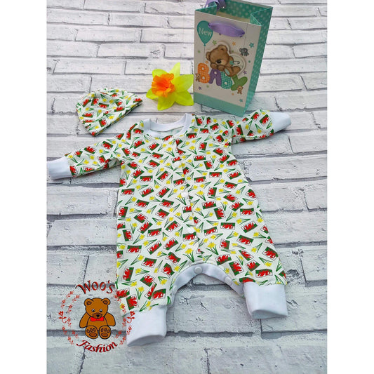 Gift Set - Babygrow / Romper Suit and Hat - Daffodil and Dragon Flag Print