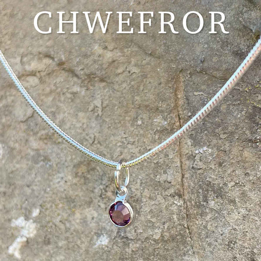 Birthstone Crystal Pendant - Silver Necklace - Welsh Language - February / Amethyst