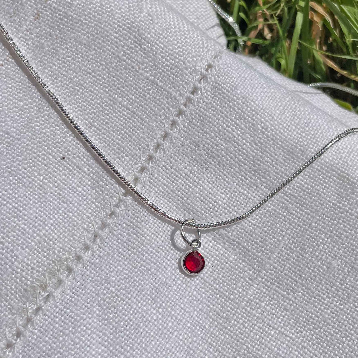 Birthstone Crystal Pendant - Silver Necklace - Welsh Language - July / Ruby