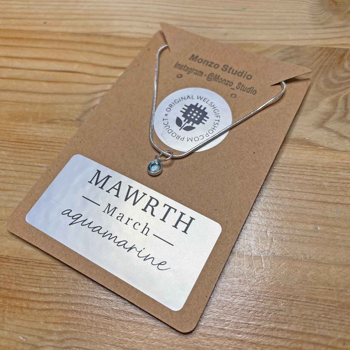 Birthstone Crystal Pendant - Silver Necklace - Welsh Language - March / Aquamarine