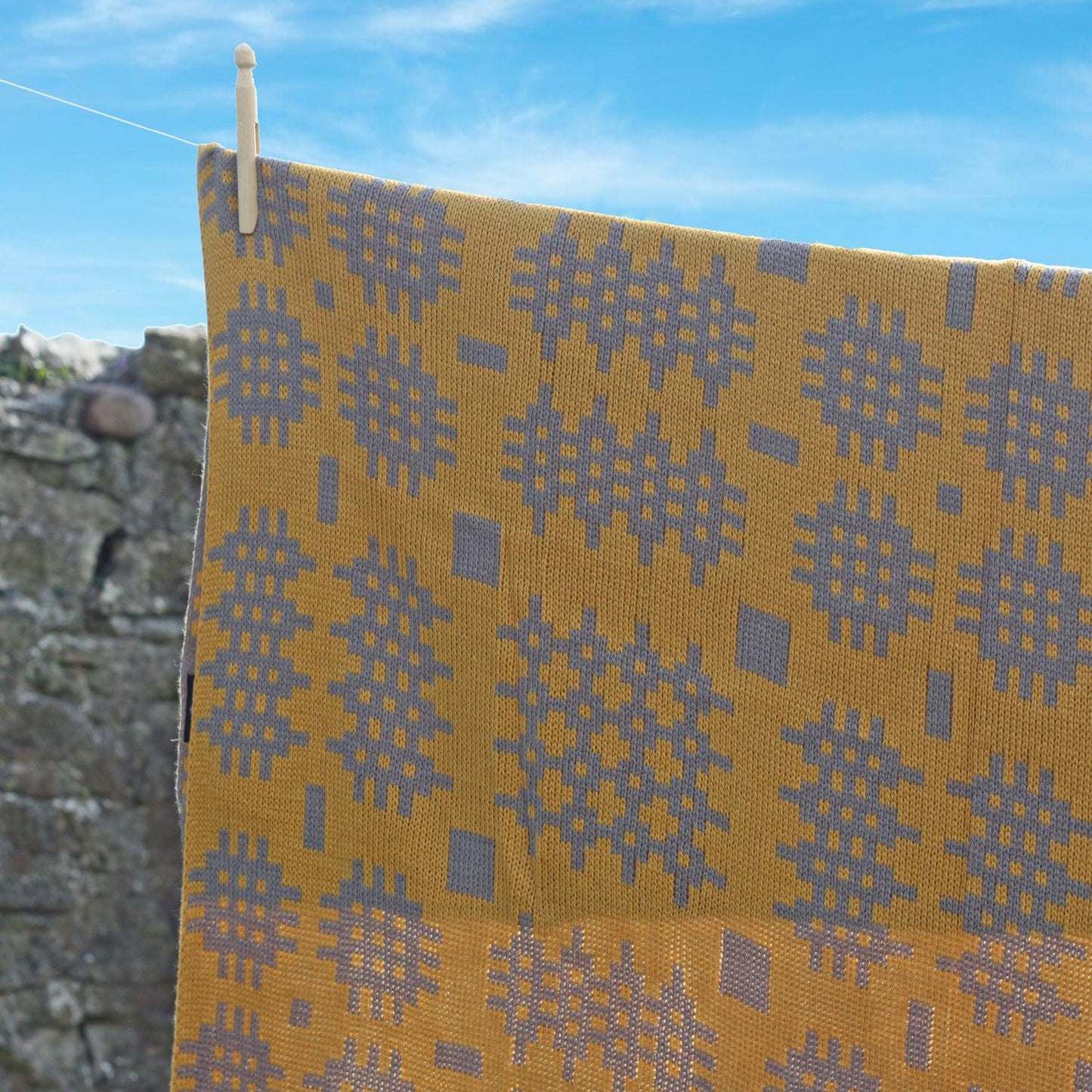 Throw / Blanket - Welsh Tapestry Print - Mustard & Grey