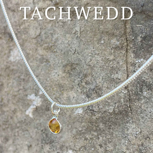 Birthstone Crystal Pendant - Silver Necklace - Welsh Language - November / Topaz