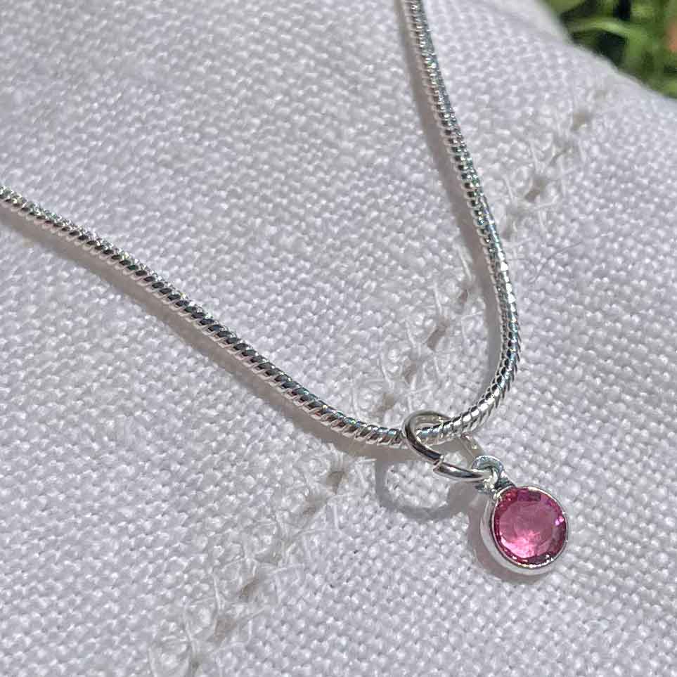 Birthstone Crystal Pendant - Silver Necklace - Welsh Language - October / Rose