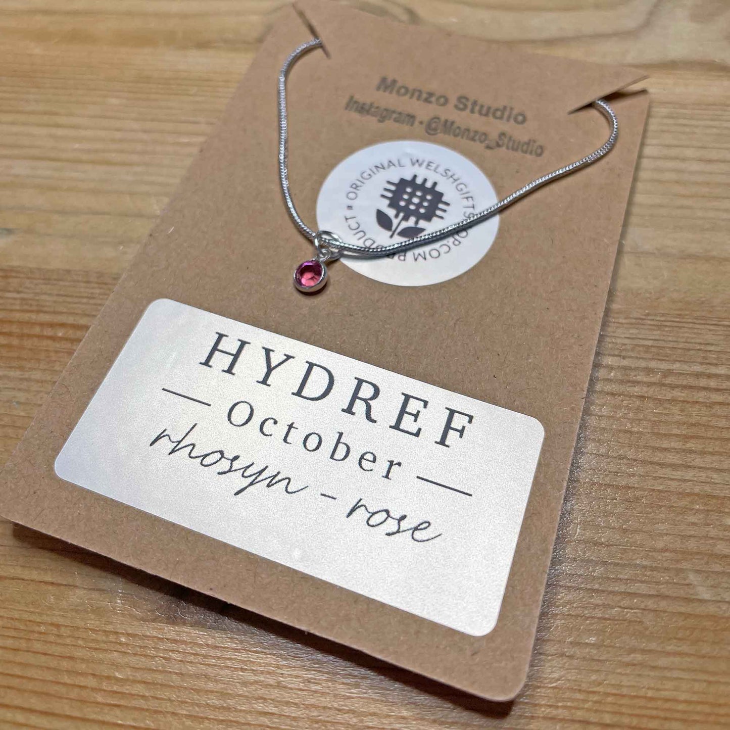 Birthstone Crystal Pendant - Silver Necklace - Welsh Language - October / Rose