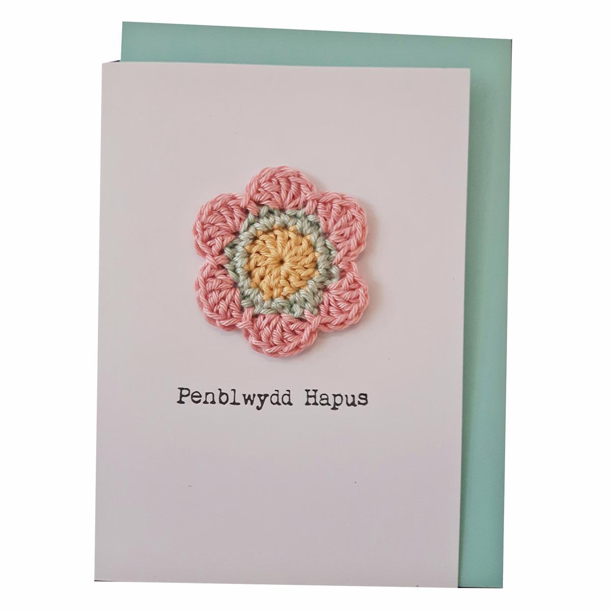 Card - Handmade Crochet - Penblwydd Hapus - Happy Birthday