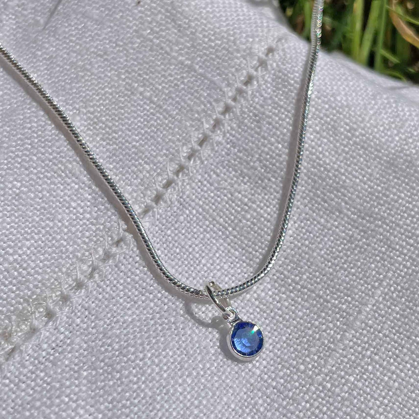 Birthstone Crystal Pendant - Silver Necklace - Welsh Language - September / Sapphire