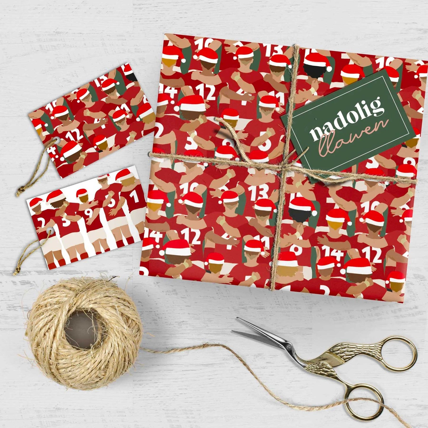 Wrapping Paper Sheets and Tags Set - Welsh Rugby - Boxing Day Huddle